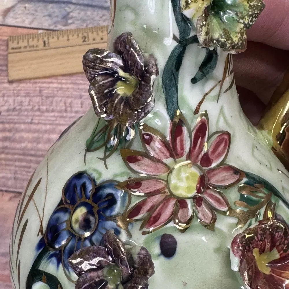 Vtg West Pac Japan‎ Porcelain Hand Painted Gold Trim Floral Relief Vase Pitcher